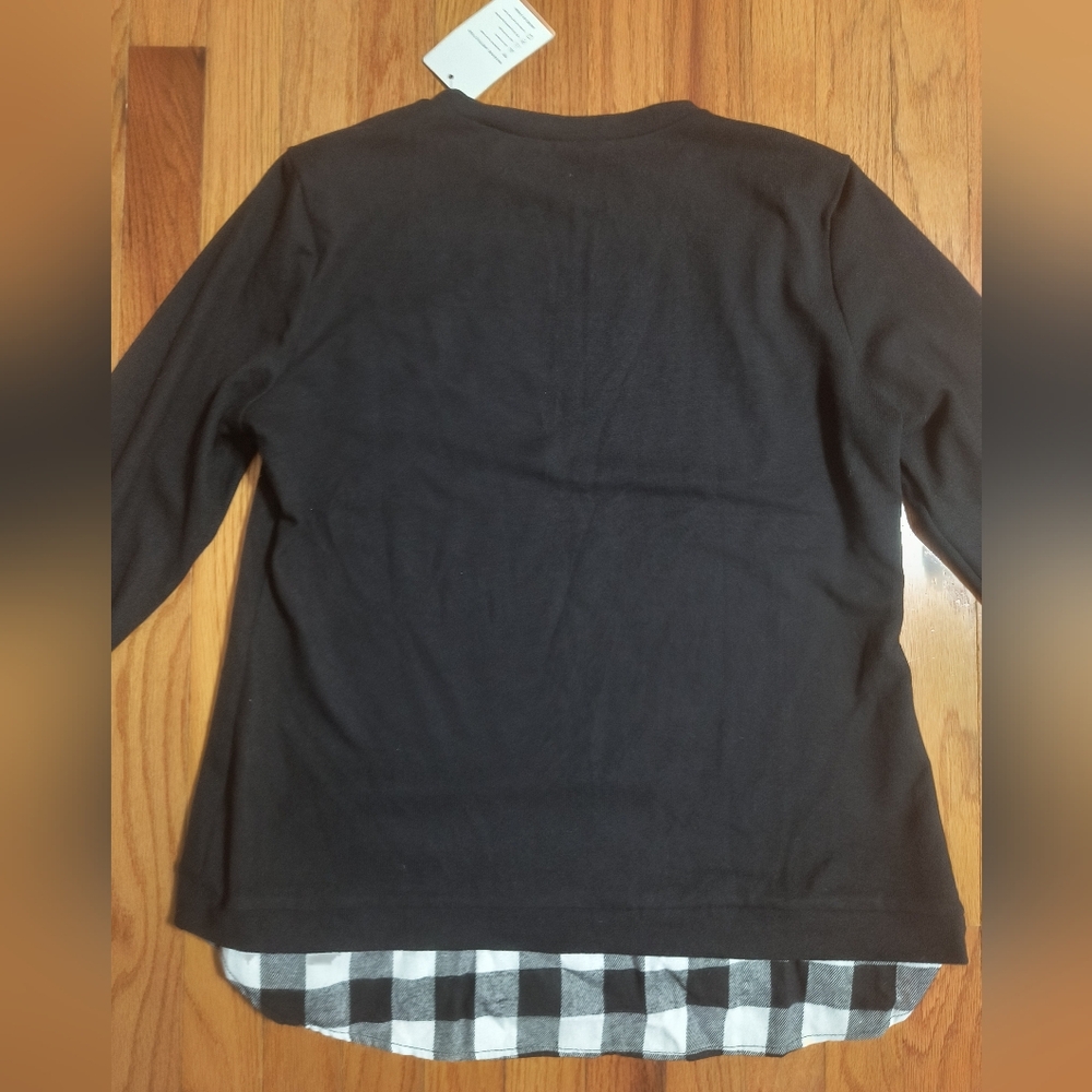 Pick 3/$10⭐ NWT La Mode Shirt W/Plaid Faux Shirttail, Women's XL, Black/White - Picture 11 of 14